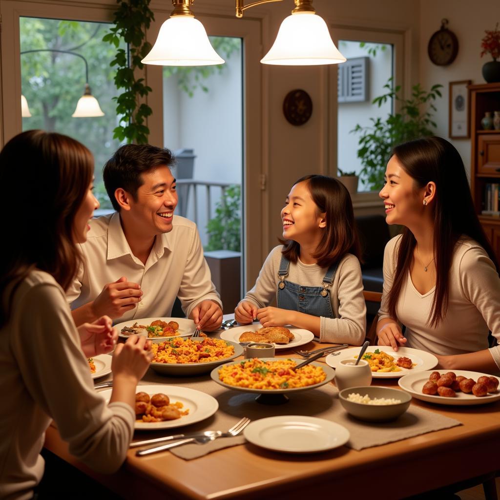 Asian family enjoying a traditional Spanish meal with their host family
