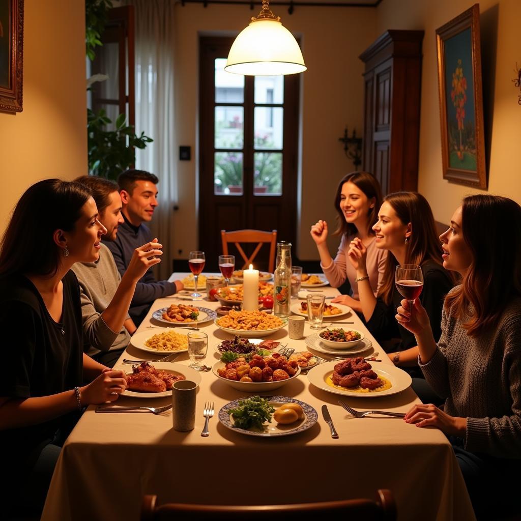 A warm and inviting scene of a family dinner in a Spanish homestay, showcasing the cultural immersion experience.