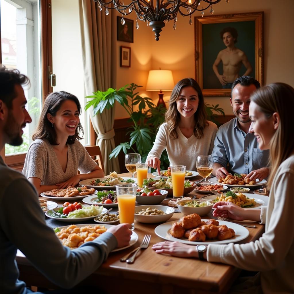 Family enjoying a traditional Spanish dinner in a cozy homestay setting