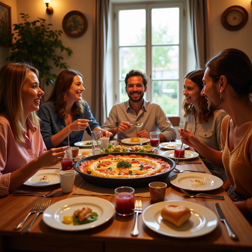 Spanish family enjoying dinner together in a cozy homestay setting