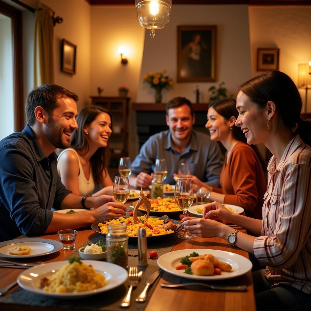 Family enjoying a traditional Spanish dinner in a cozy homestay