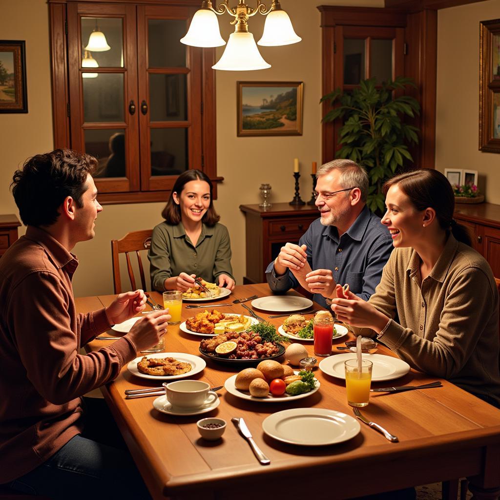 Family enjoying a traditional Spanish dinner in a cozy homestay