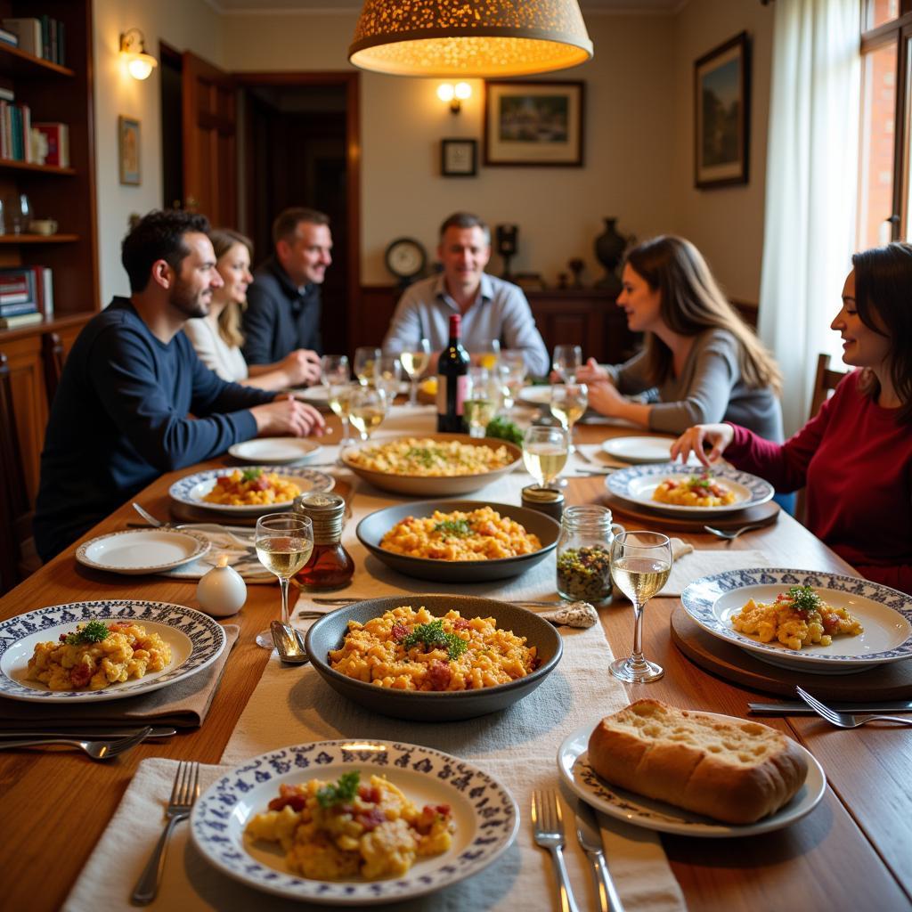 A warm and inviting scene of a family dinner in a Spanish homestay.