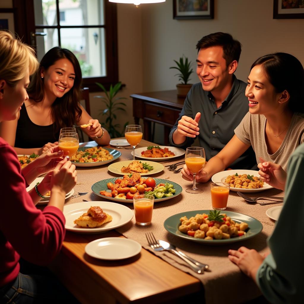 A Spanish family enjoying a traditional dinner together in their home.