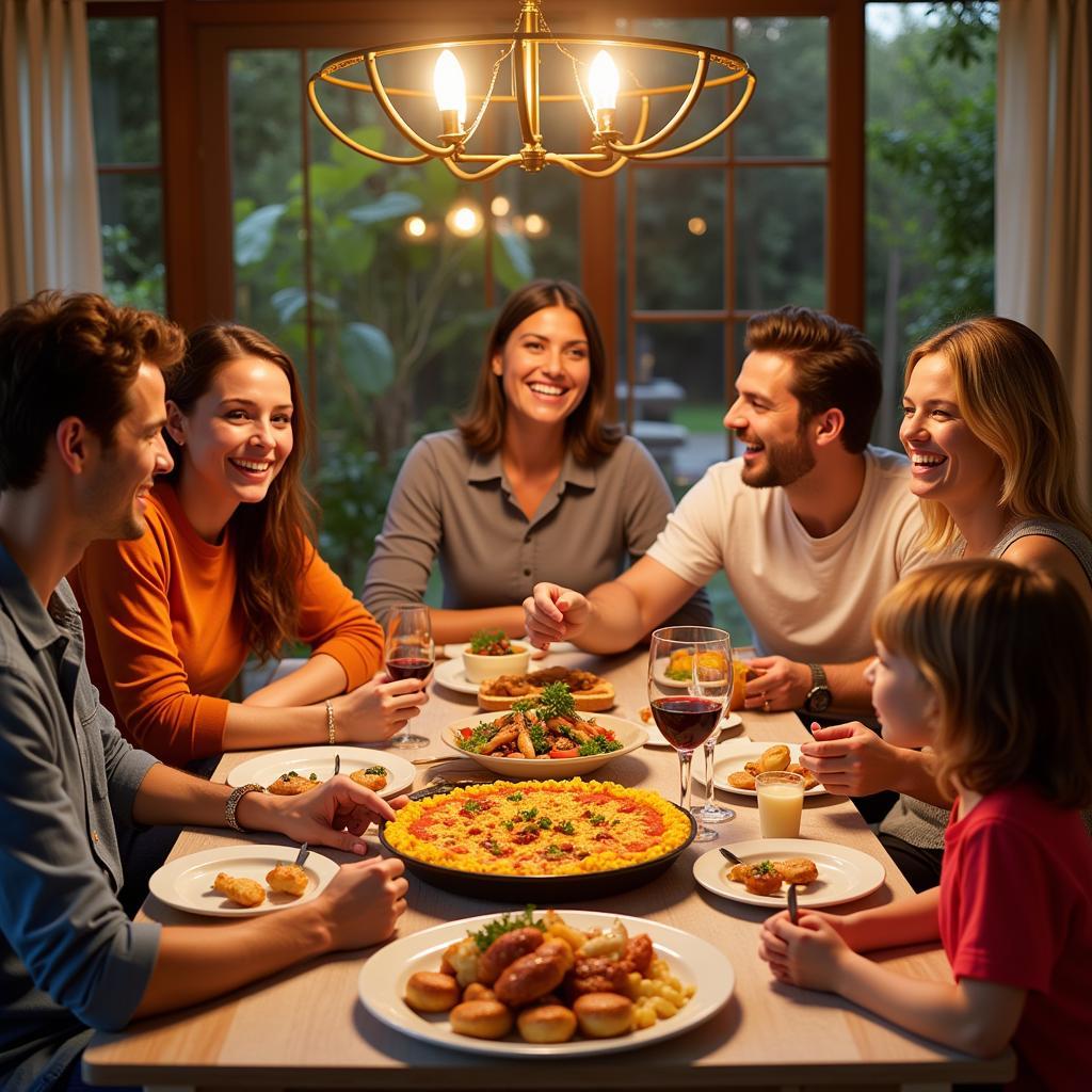 Family enjoying a traditional Spanish dinner in a homestay setting