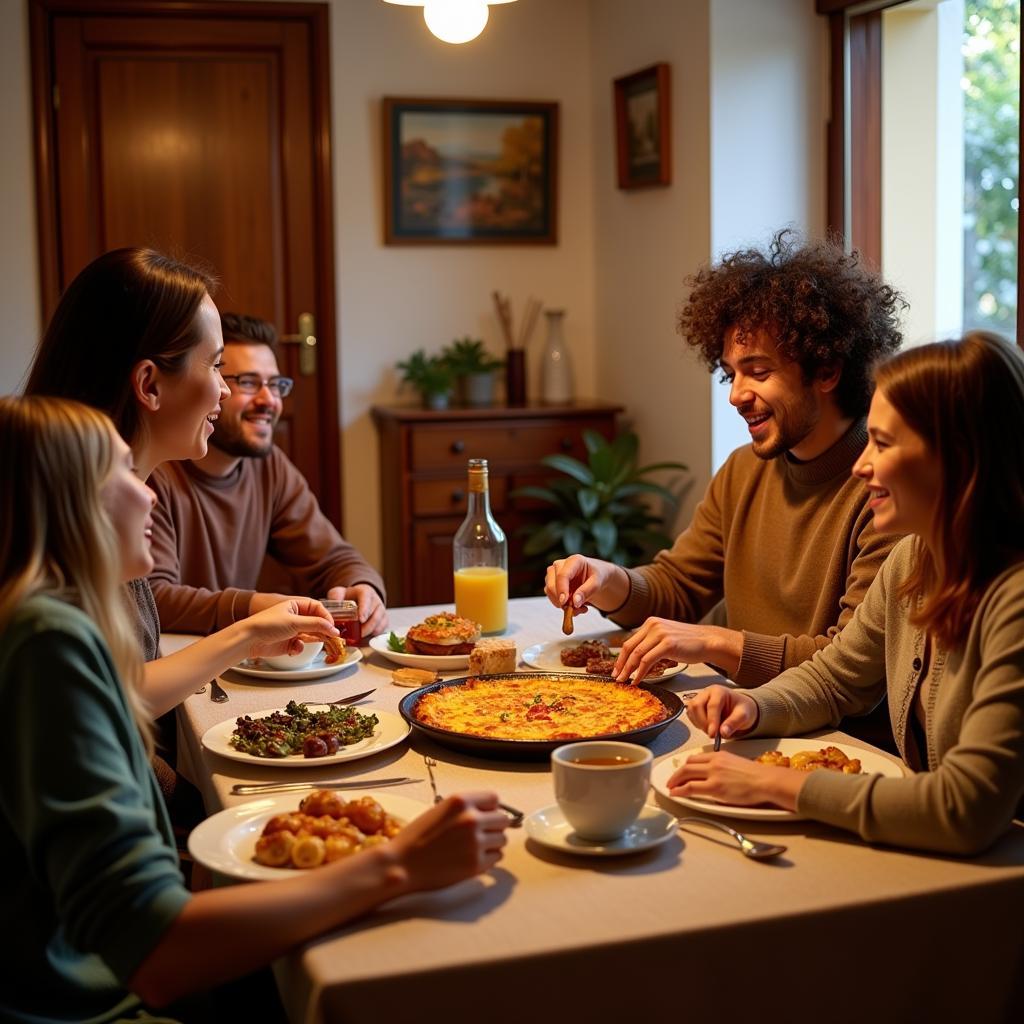 Family enjoying a traditional Spanish dinner in a homestay