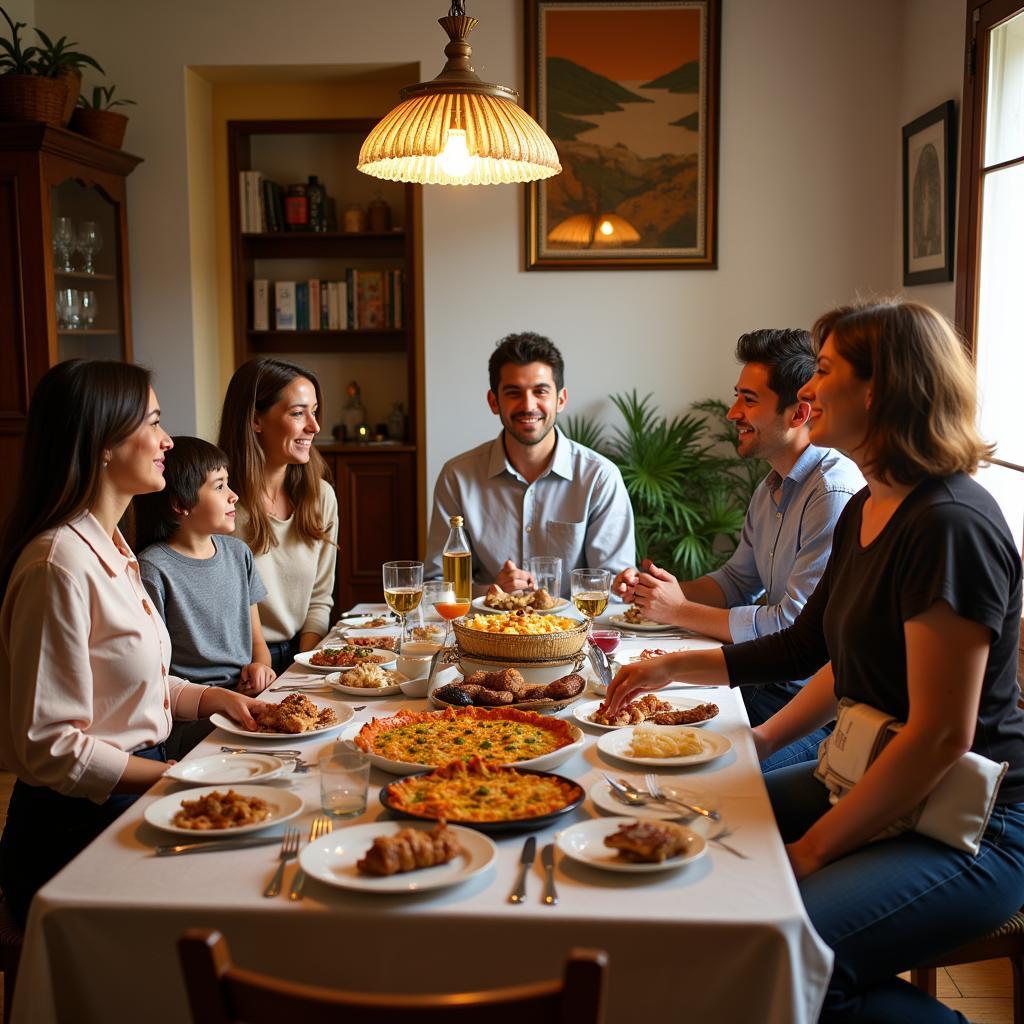 A Spanish family enjoying a traditional dinner together in their home, laughing and sharing stories with their homestay guest.