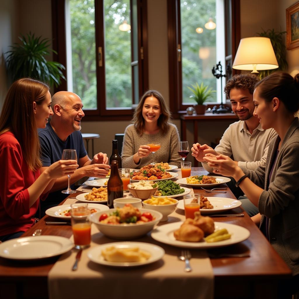 A Spanish family enjoys a traditional dinner together in their cozy home