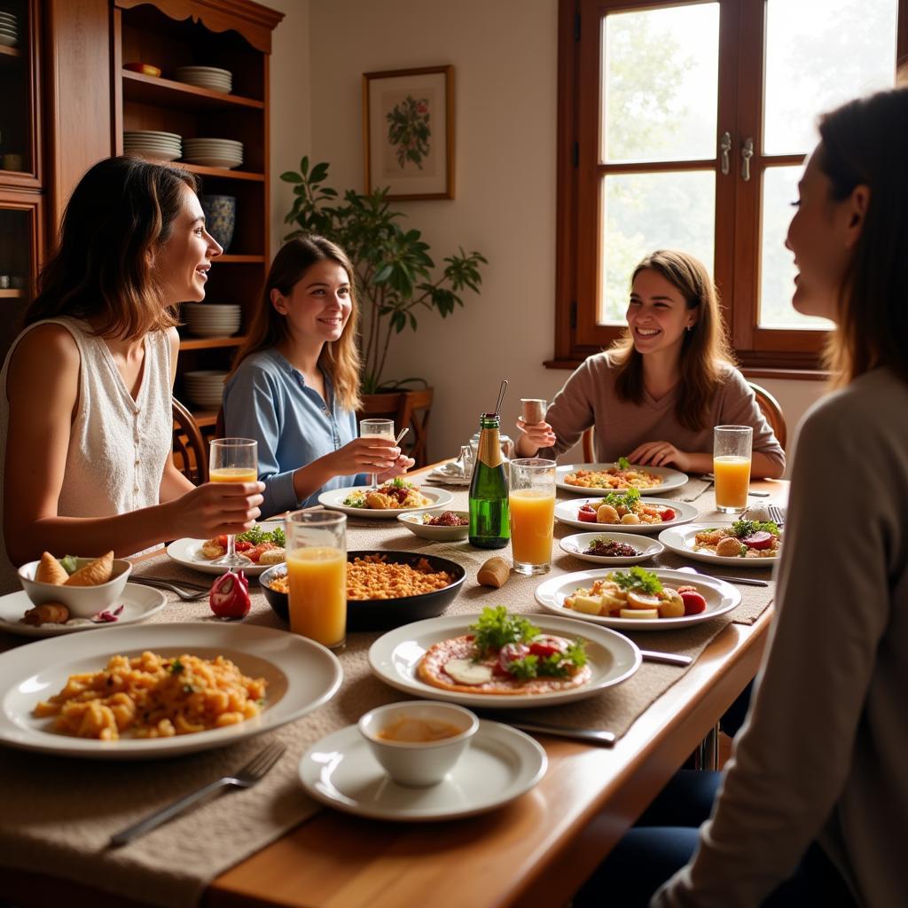 Family enjoying a traditional Spanish dinner in a homestay