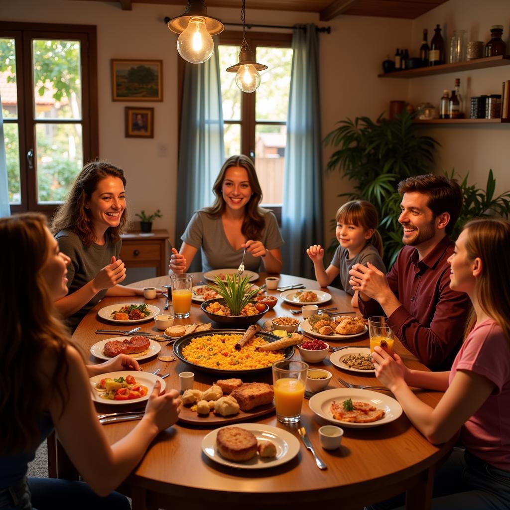 Family enjoying a traditional Spanish dinner in a cozy homestay