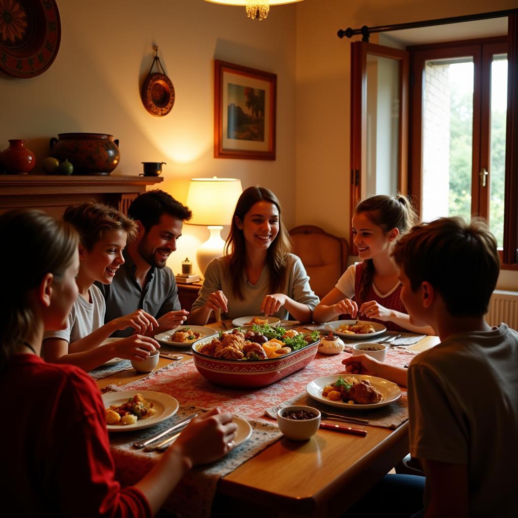 Enjoying a Family Dinner in a Spanish Homestay