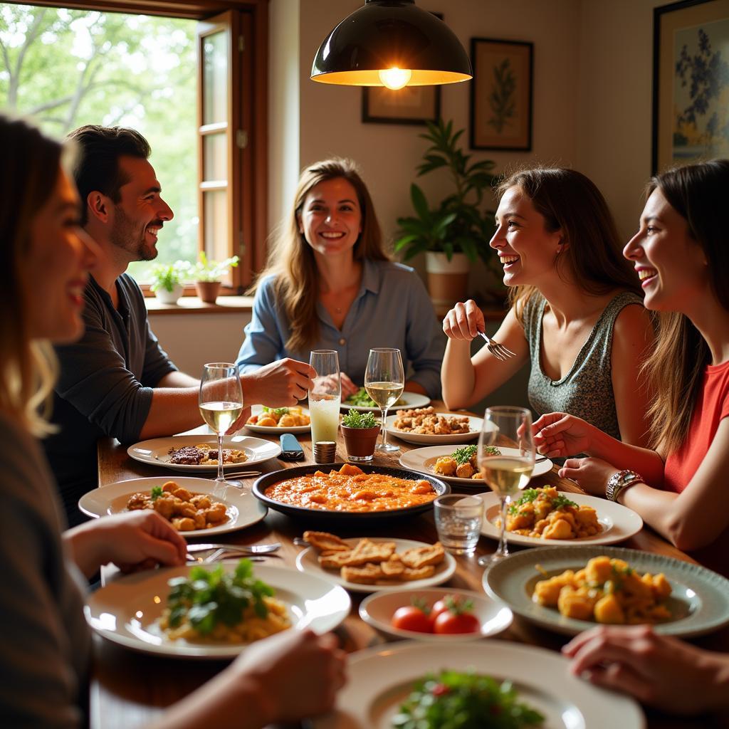 A warm Spanish family enjoying a traditional dinner together in their cozy home