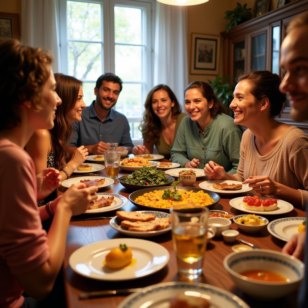 Spanish family enjoying a traditional dinner together in a cozy homestay setting