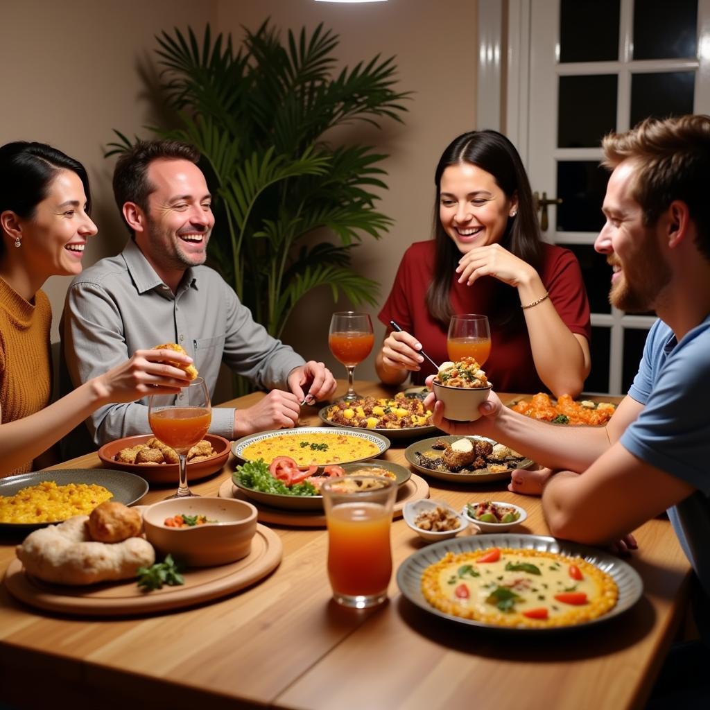 Family enjoying a traditional Spanish dinner in a homestay