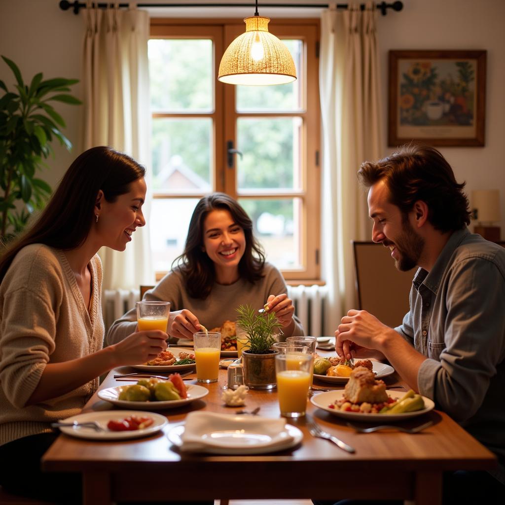 Family enjoying a traditional Spanish dinner in a cozy homestay