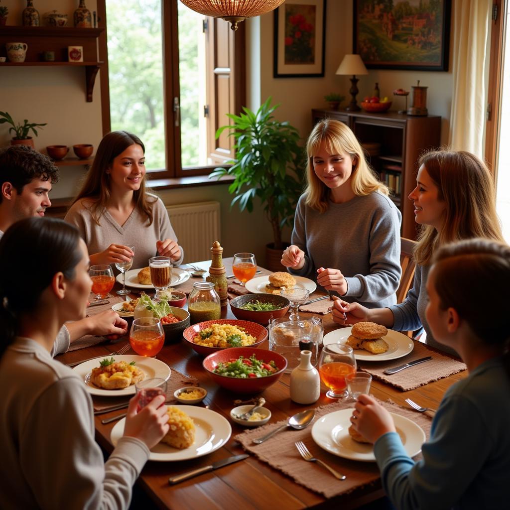 Spanish Family Enjoying Dinner Together in a Cozy Homestay