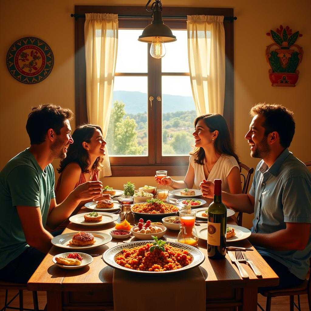 Family enjoying a traditional Spanish dinner in a homestay setting