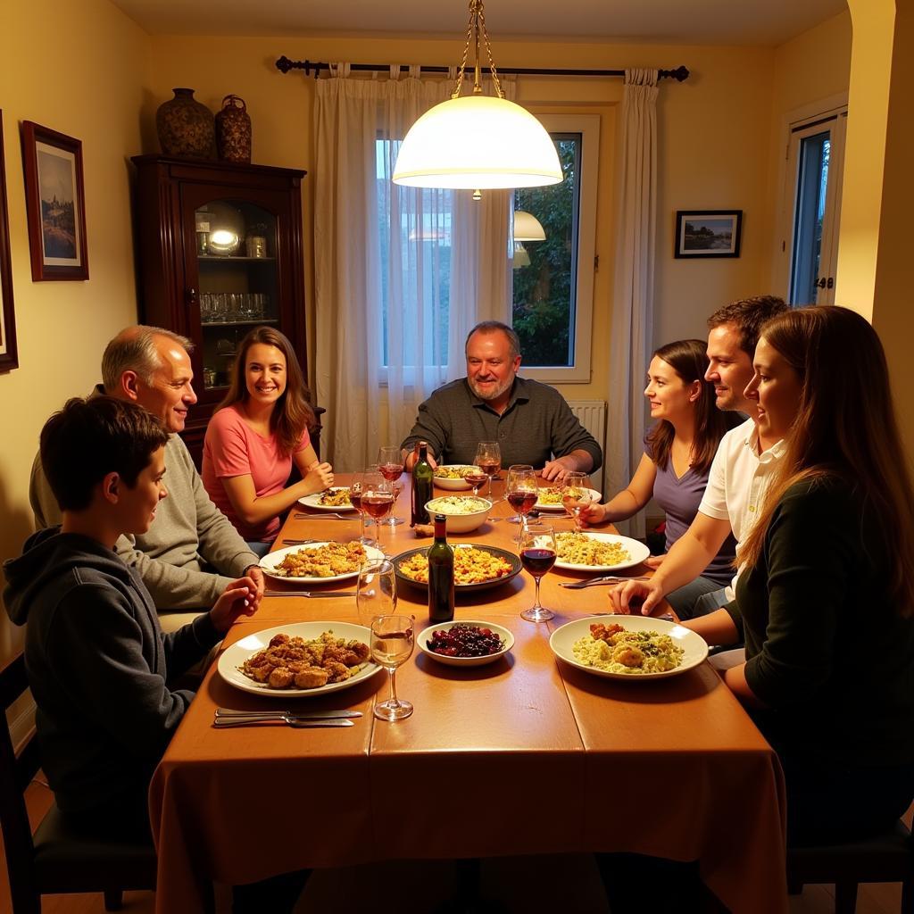 Spanish family enjoying a traditional dinner together in their vibrant and welcoming home.