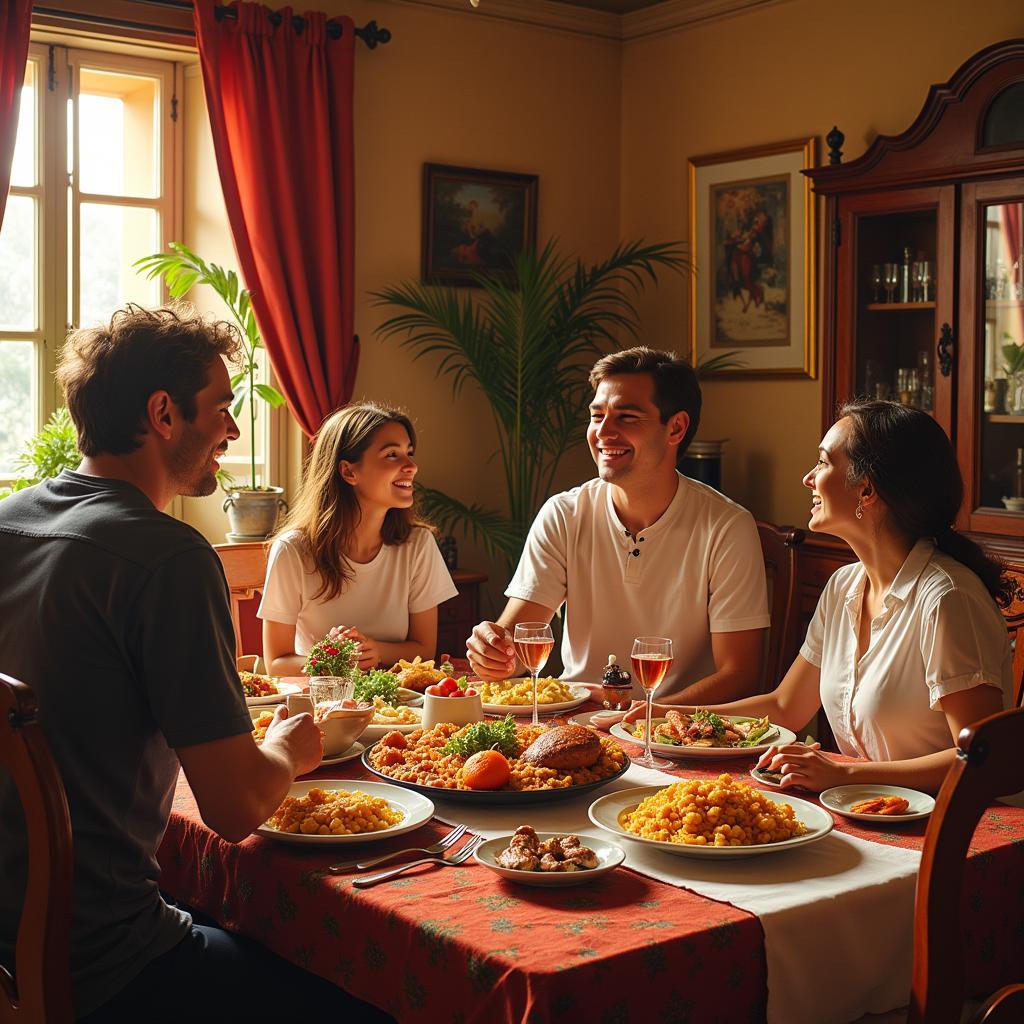 A Spanish family enjoying a traditional dinner together in their cozy home.