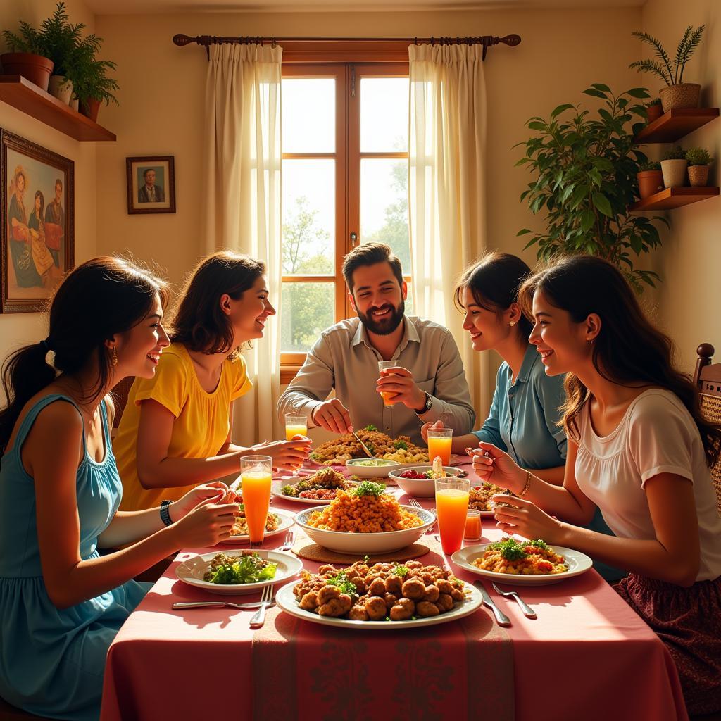 Spanish family enjoying a traditional dinner together in their home.