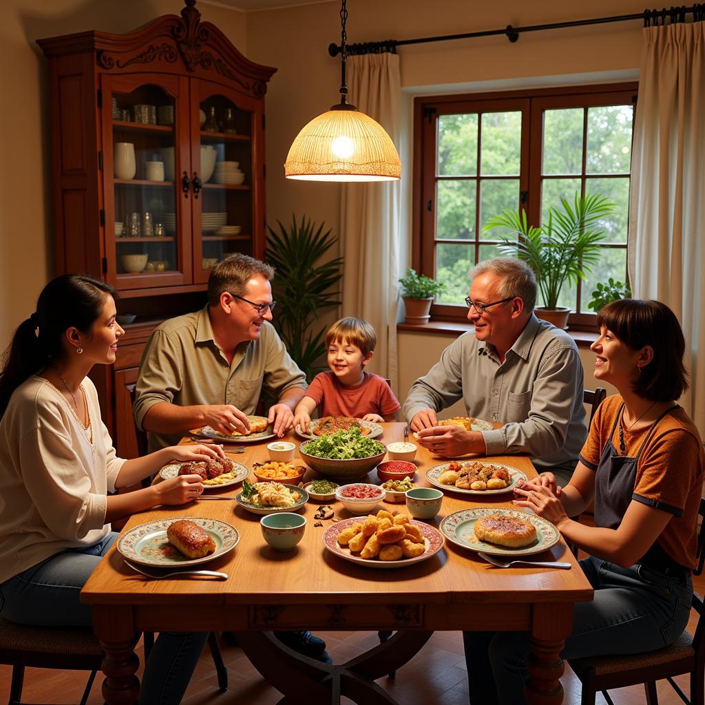 Family enjoying a meal together in a Spanish homestay