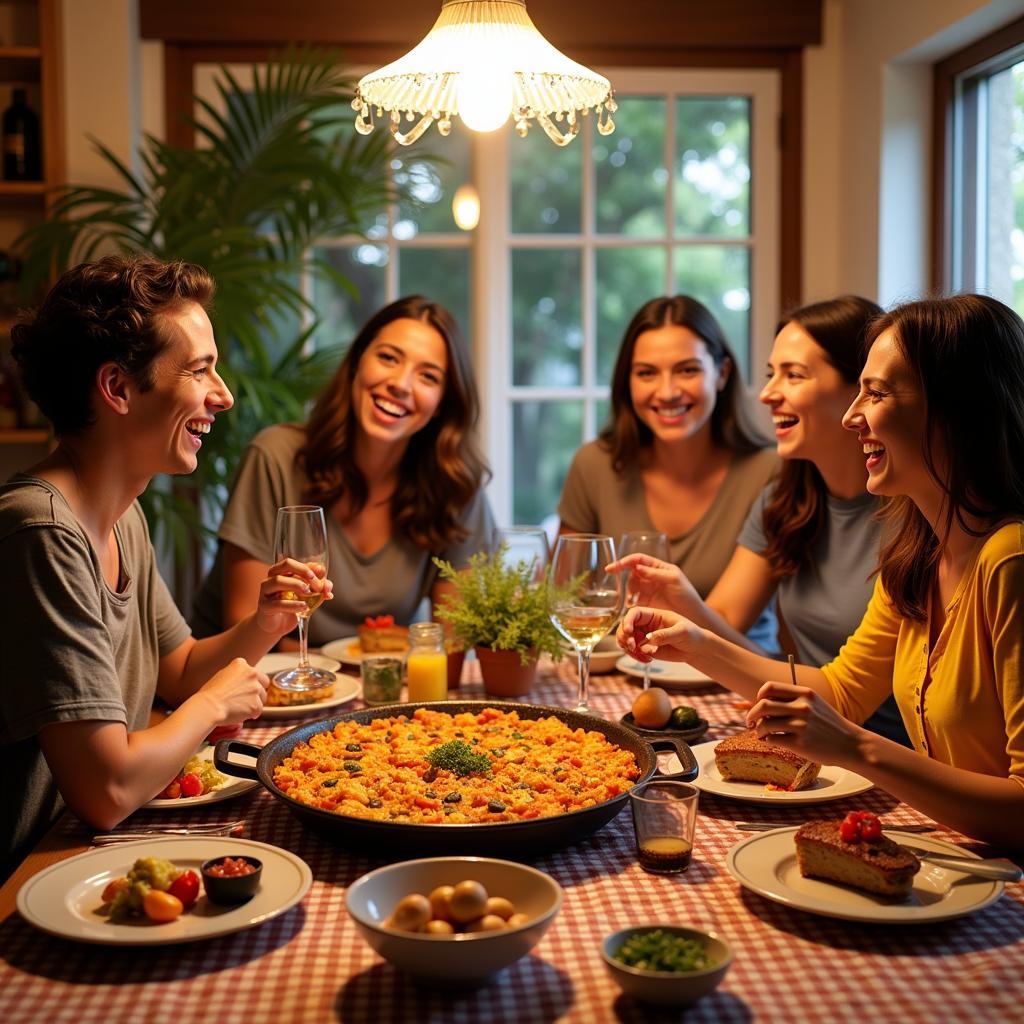 A Spanish family enjoying a traditional paella dinner with their homestay guest