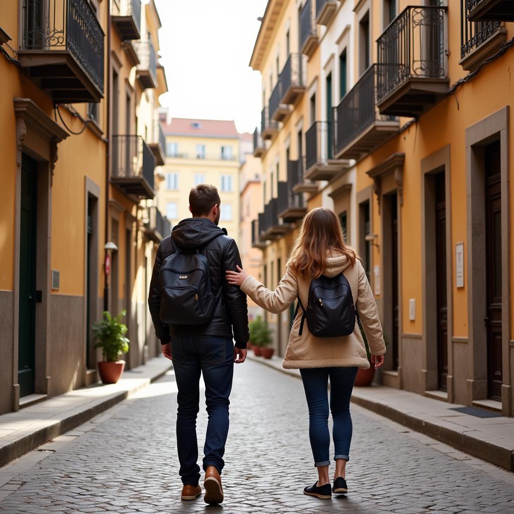 Homestay guest exploring a Spanish city with their host