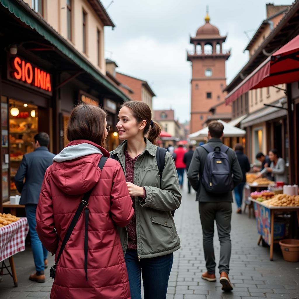 A homestay guest exploring a Spanish city with a local, experiencing the vibrant culture firsthand.