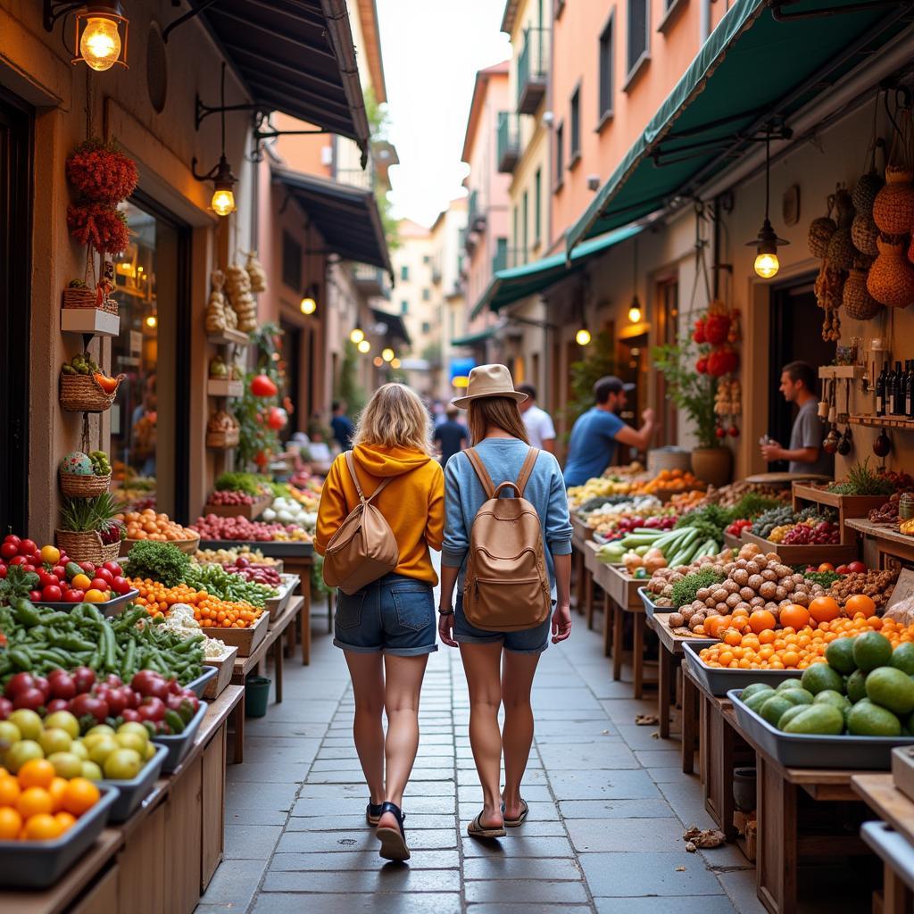 Spanish homestay guest exploring local market with host