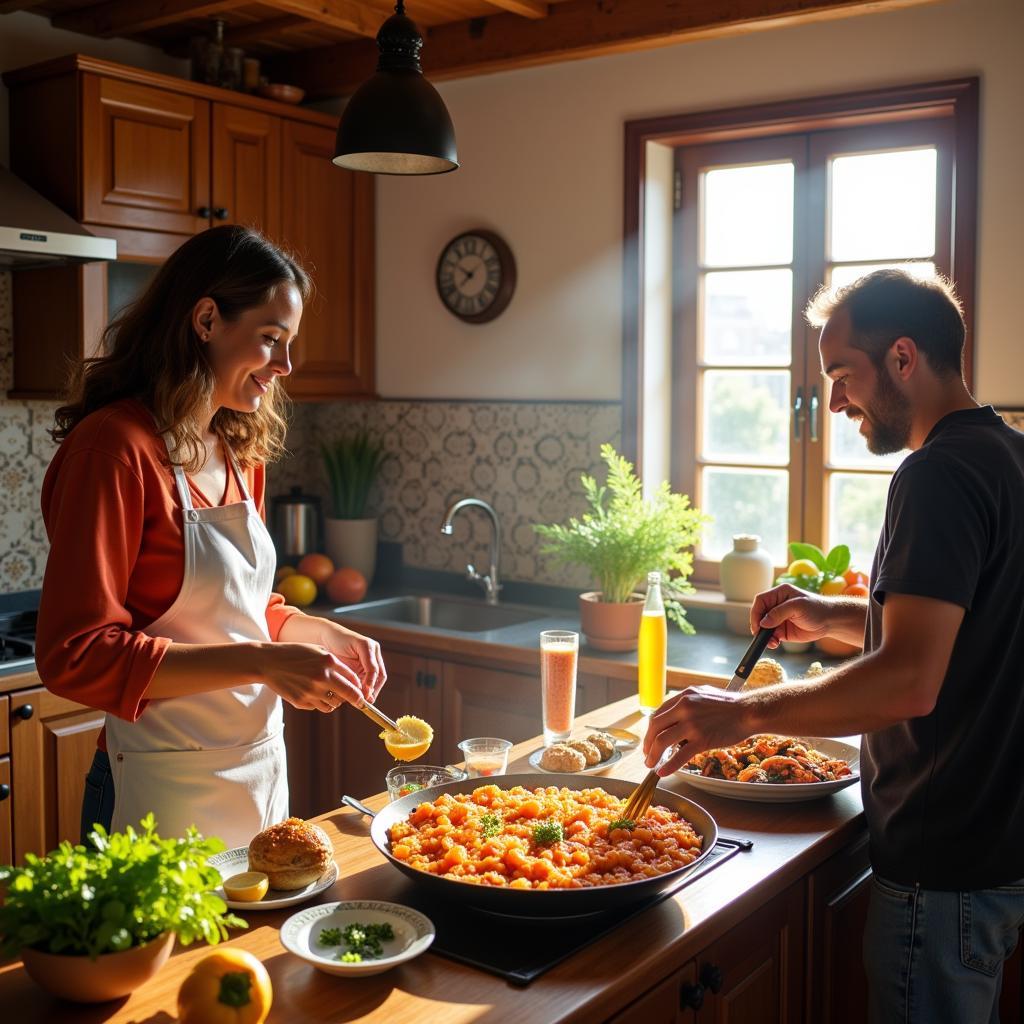 Preparing paella in a Spanish homestay kitchen