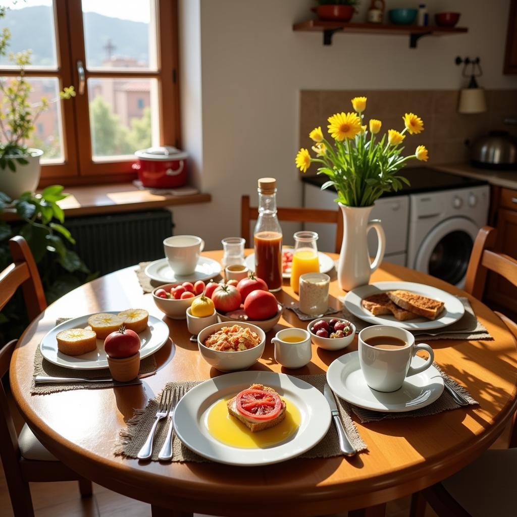 Enjoying a traditional Spanish breakfast in a cozy homestay kitchen.