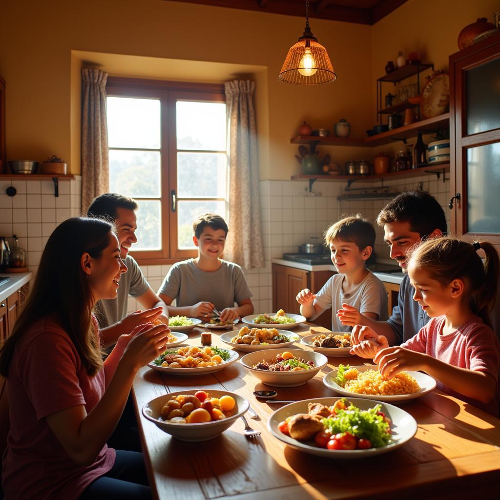 Family enjoying a meal together in a Spanish homestay kitchen