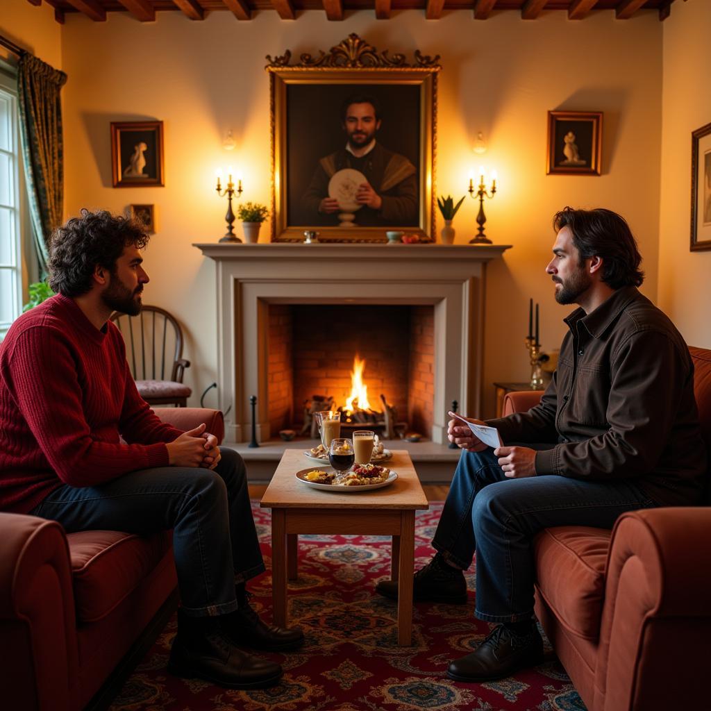 Guests chatting with their hosts in a Spanish homestay living room