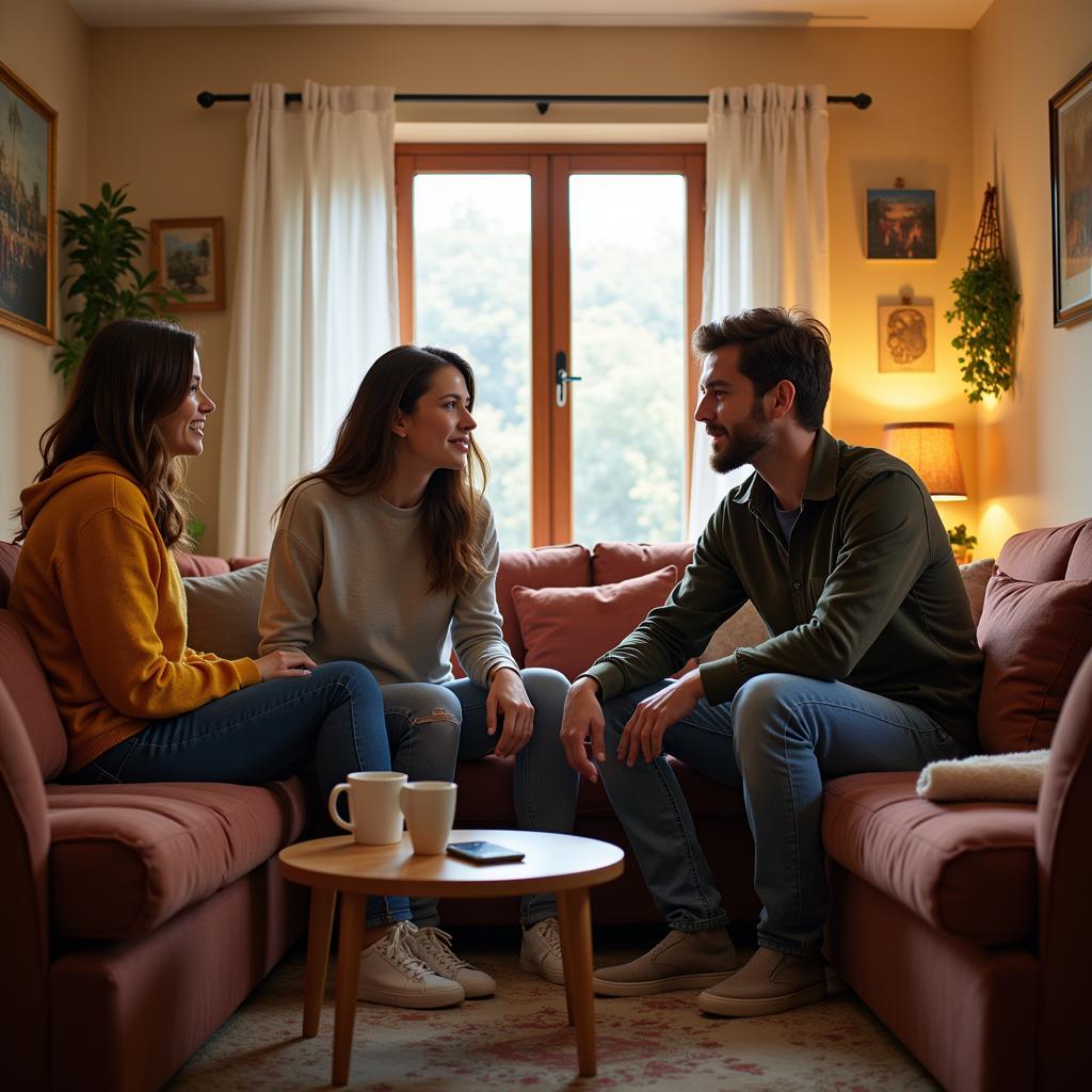 Relaxing Conversation in a Spanish Homestay Living Room