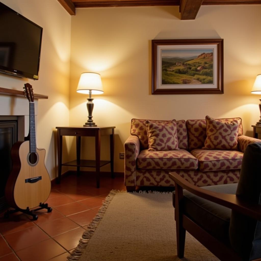 A cozy living room in a Spanish homestay, featuring a guitar leaning against the wall, symbolizing the cultural richness of the experience.