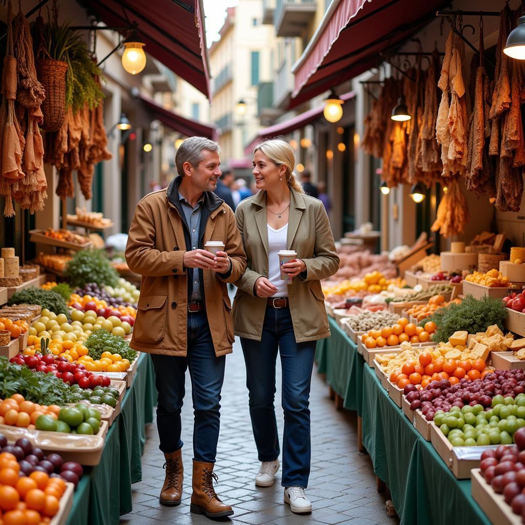 Homestay guests exploring a vibrant local market with their host