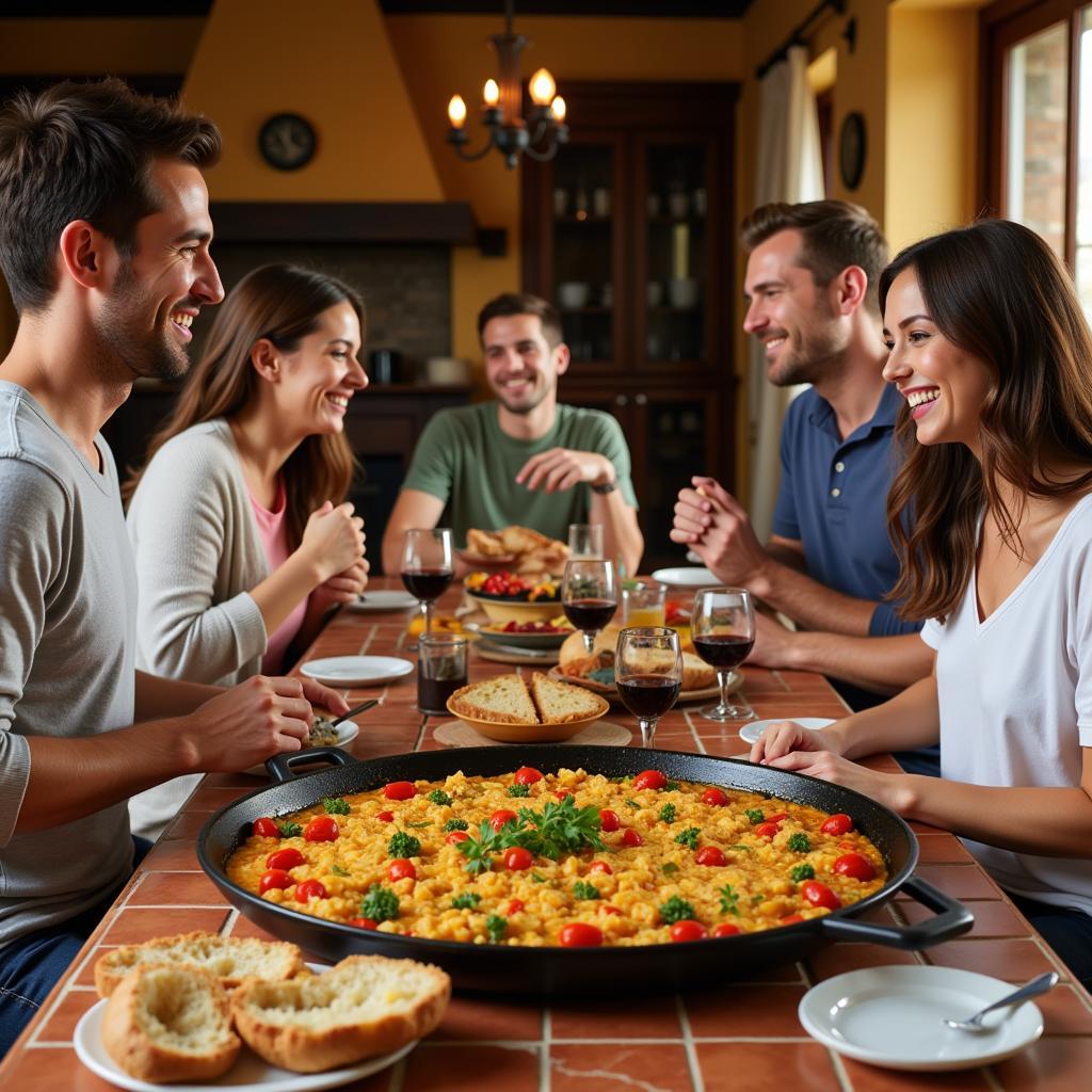 Family enjoying a traditional paella dinner in a Spanish homestay