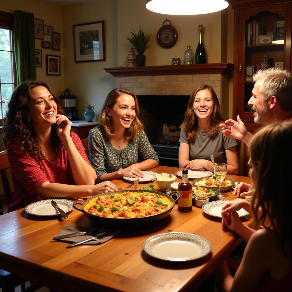 Family enjoying a traditional paella dinner in a Spanish homestay