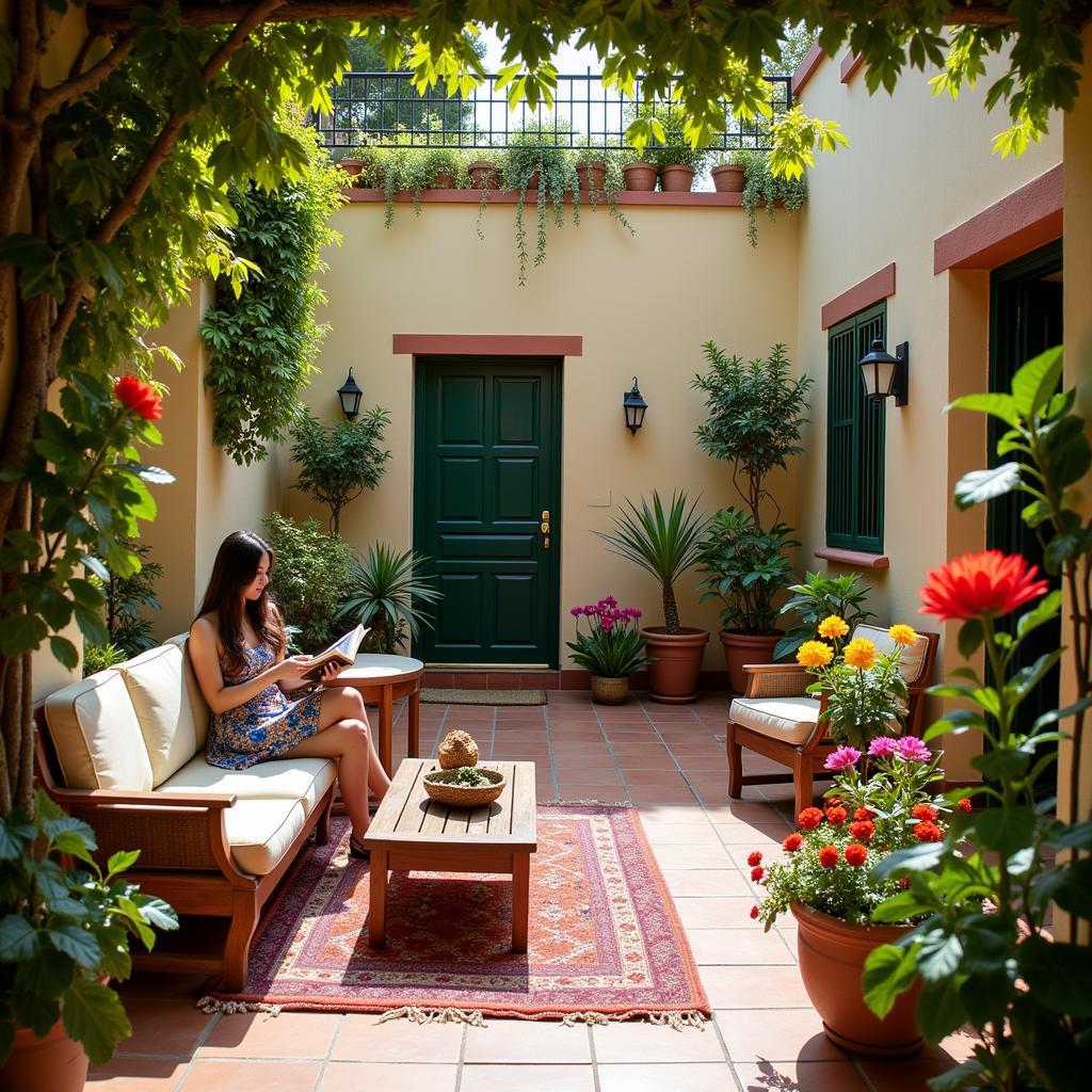 Relaxing in a tranquil patio of a Spanish homestay