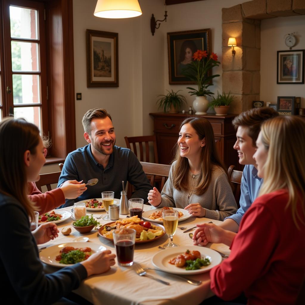 A student enjoying a meal with their Spanish host family, experiencing authentic Spanish cuisine and conversation.