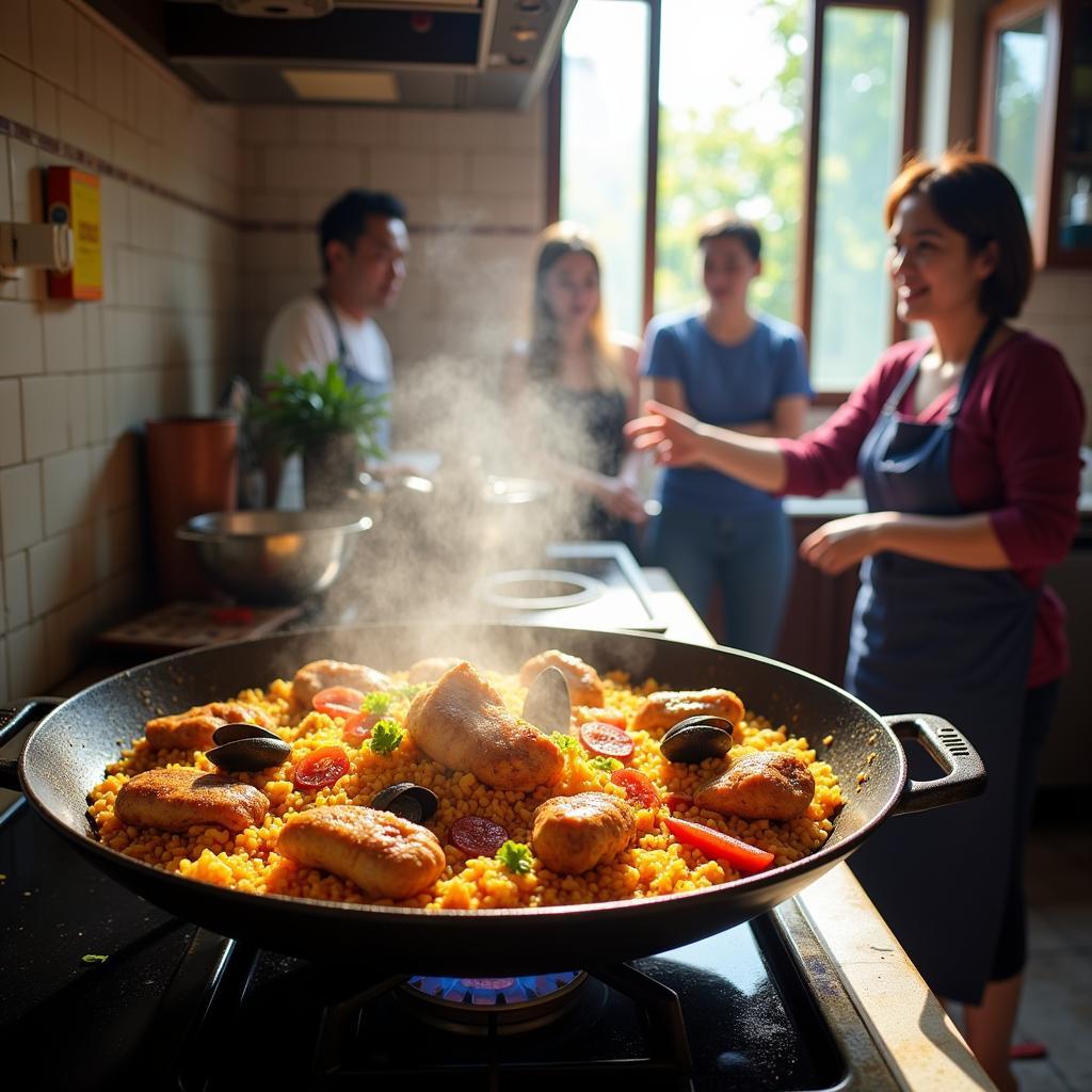 Spanish paella being prepared in a Hanoi homestay kitchen