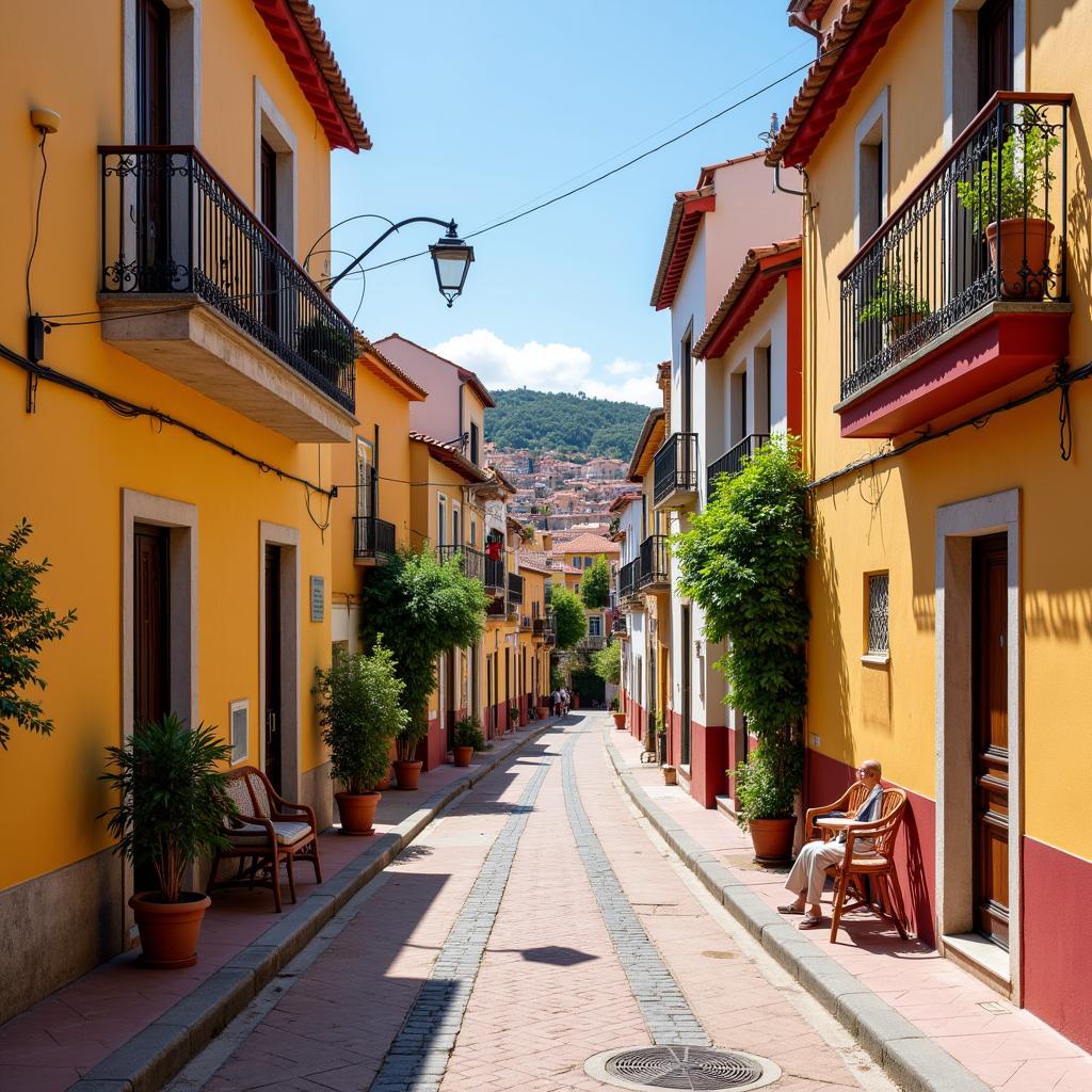 A quiet Spanish town during the afternoon siesta, with shops closed and streets mostly empty.