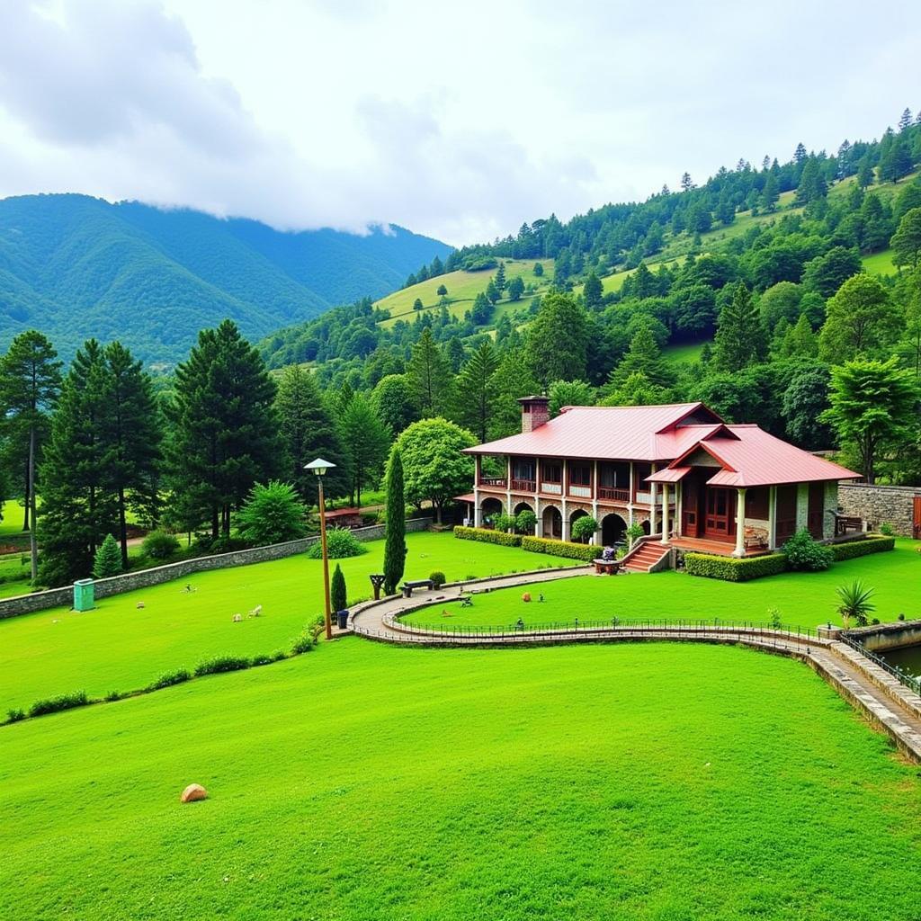 Serene landscape view of a traditional homestay near Sringeri, nestled amidst lush greenery and rolling hills.