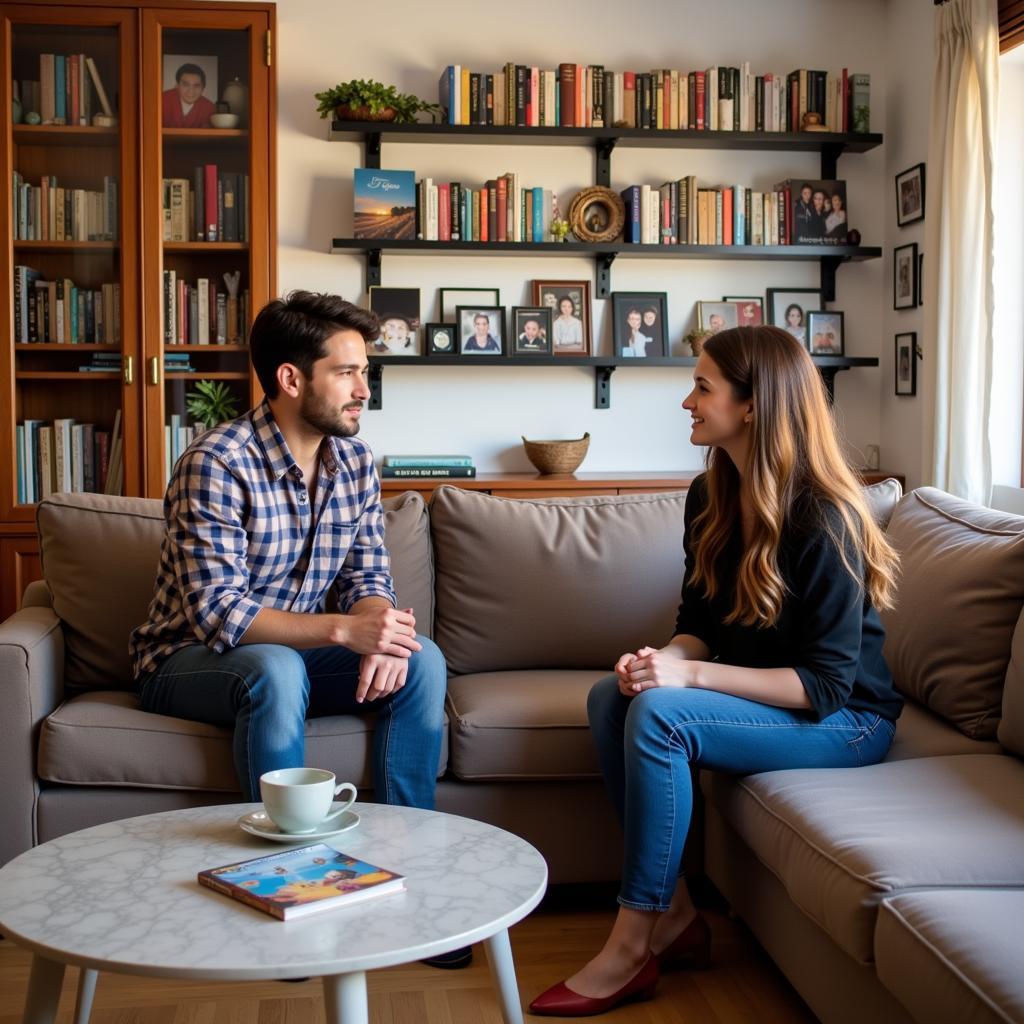 A student practicing Spanish with their host family in a cozy living room.