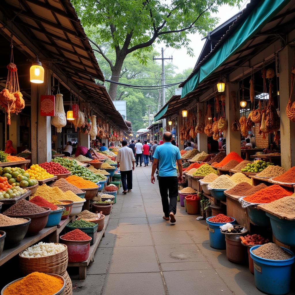 Local market in Sungai Haji Dorani with colorful produce and goods.