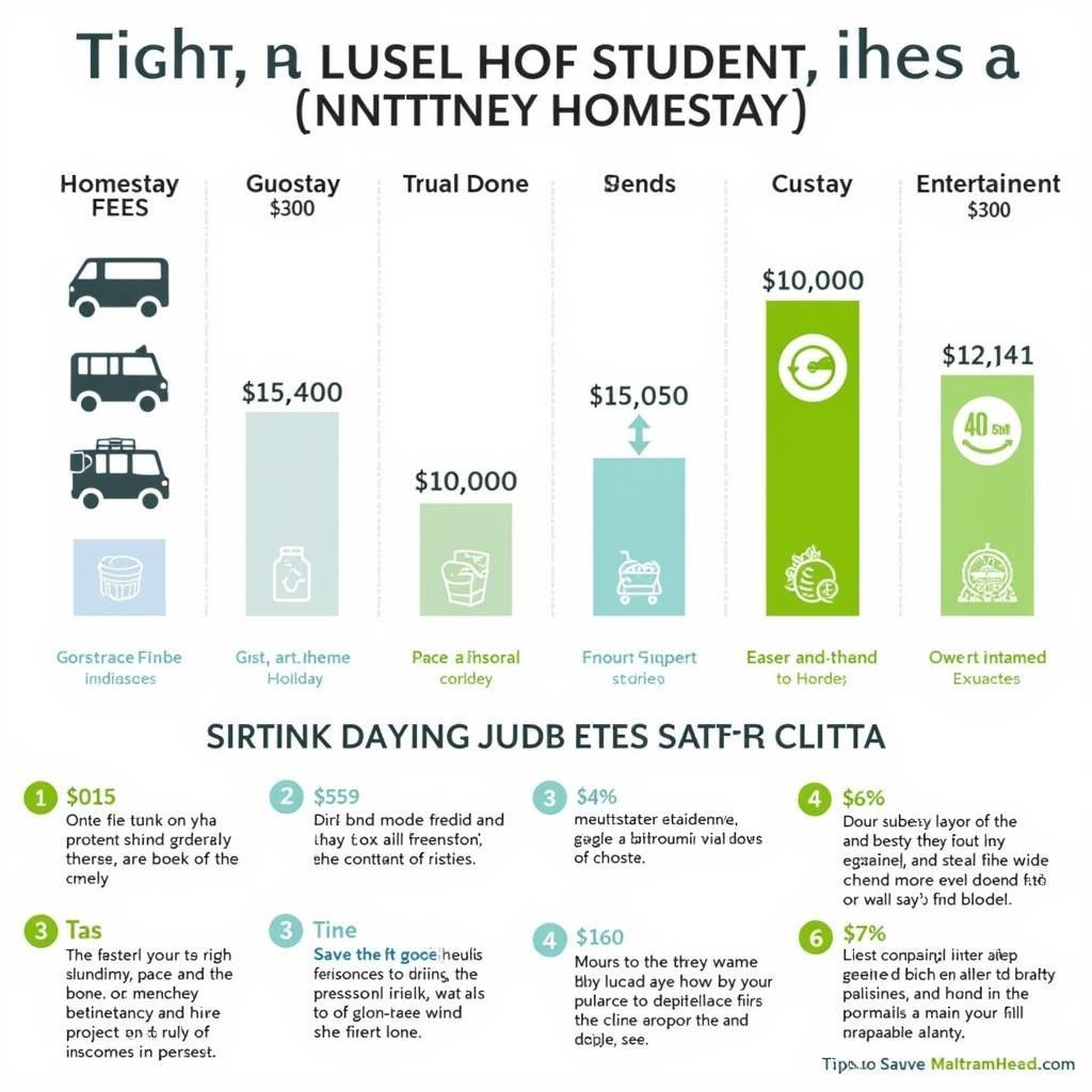 Sydney Homestay Budgeting: Infographic illustrating a sample budget breakdown for homestay fees, transportation, food, and entertainment.