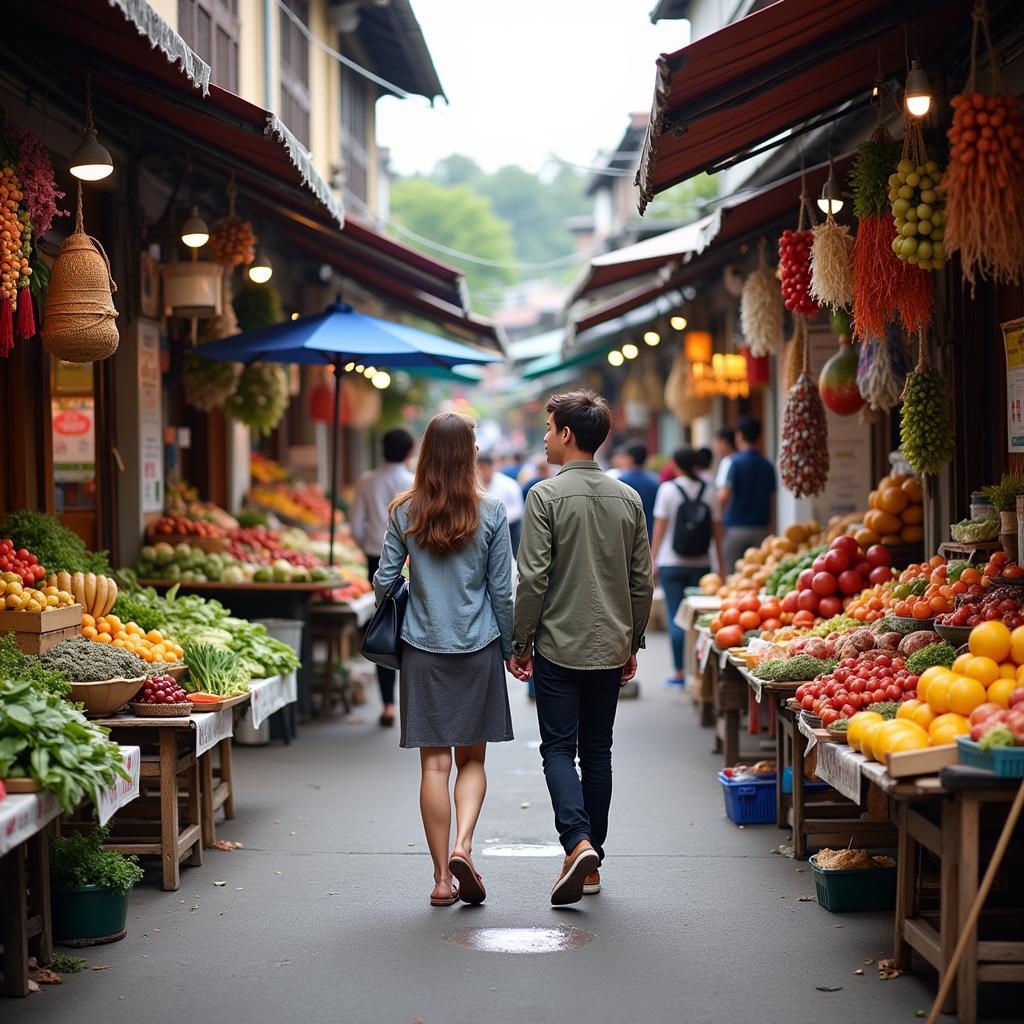 Couple exploring a local market in Tam Dao