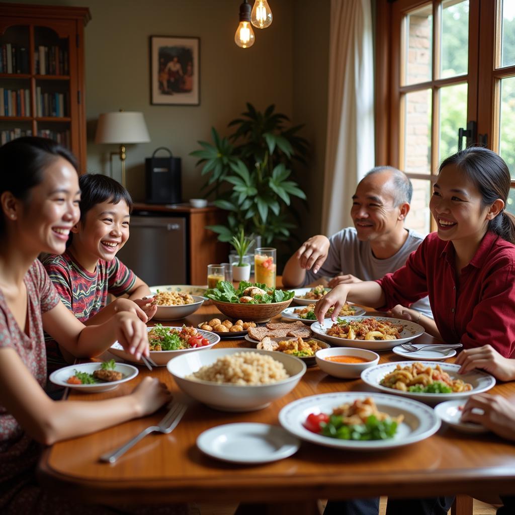 Family enjoying a meal together in a Taman Saga Ampang homestay