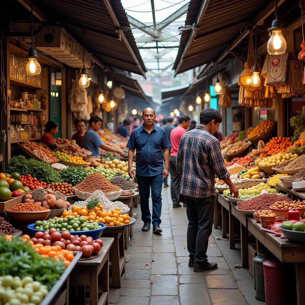 Exploring the vibrant local market in Taman Seroja, filled with colorful produce and local crafts.