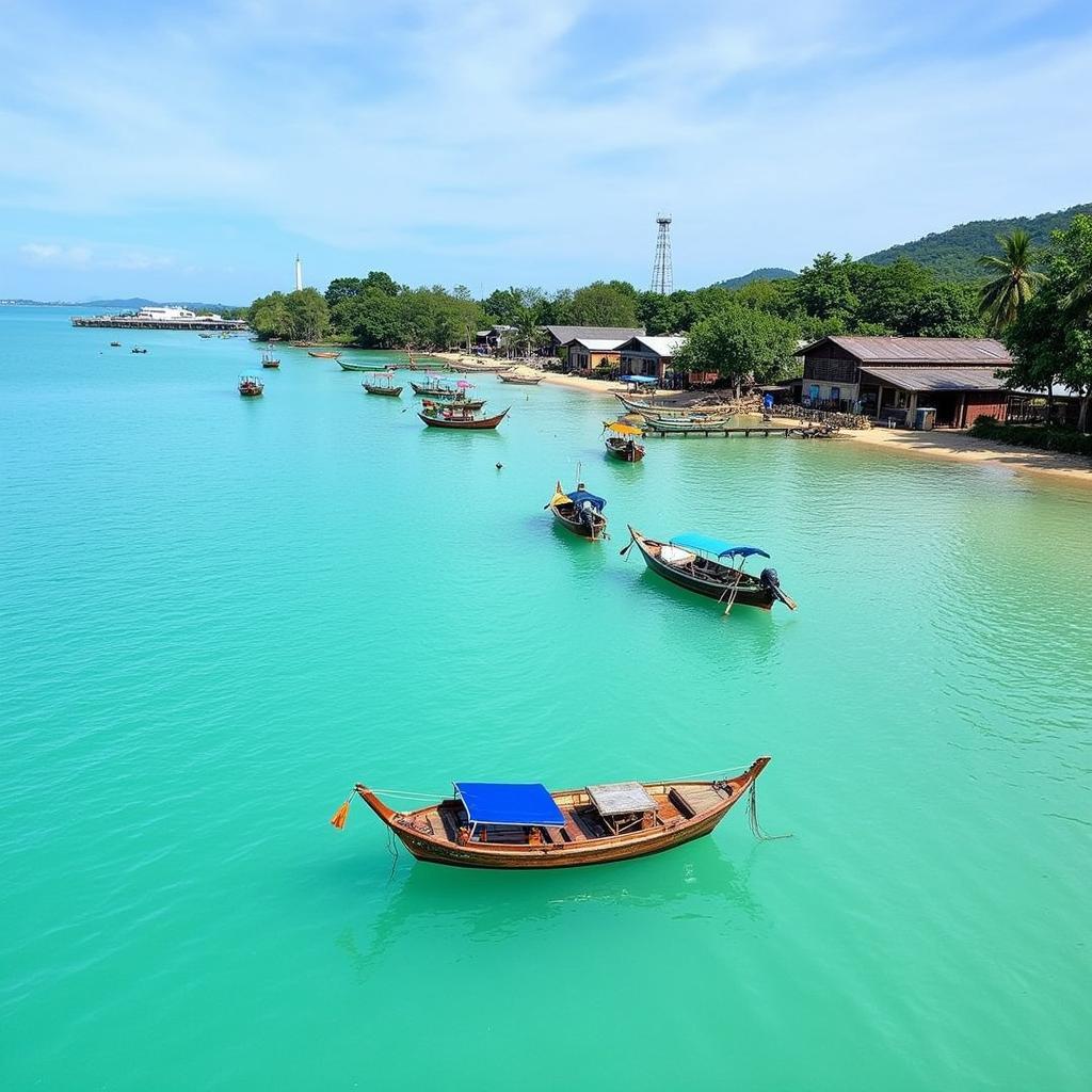 Tranquil Tanjung Bidara coastal scenery with fishing boats and local houses